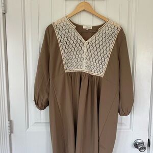 Umgee Tan Long Sleeve Dress with Lace Detail